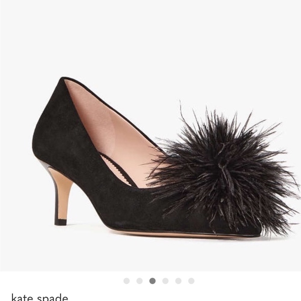 Kate Spade New York Black Suede Feather Pom Pointed Toe Heels Pumps size 6